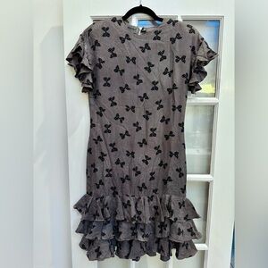 Vintage Adrianna Papell Couture Silk Gray Taupe Ruffle Hem Midi Dress Bow Size 8